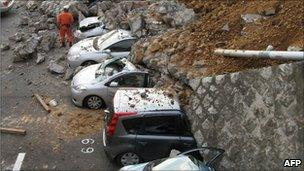 Cars crushed during Japan earthquake