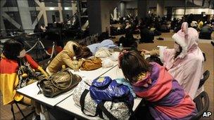 People taking shelter at a centre in Tokyo