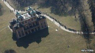 Part of the human chain formed by anti-nuclear protesters at Ludwigsburg castle, Germany, 12 March