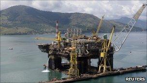 An aerial view of the final stage of the construction of a new P-56 semi-submersible production platform for the oil company Petrobas at the Brasfels shipyard in Angra dos Reis , 24 February 24, 2011.