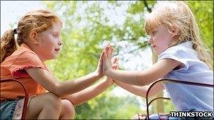 Girls playing a clapping game