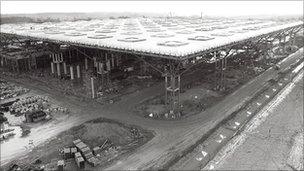 Stansted Airport's terminal building during construction