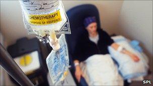 Female patient receiving anti-cancer drugs from an intravenous drip bag