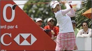 Chie Arimura of Japan in the HSBC-backed Women"s Champions golf tournament in Singapore