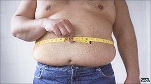 Obese man measuring his waist