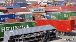 Scattered containers at Sendai port