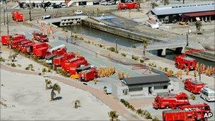 Fire trucks converge at the Fukushima Dai-ichi nuclear plant, Japan, 18 March 2011
