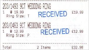 Wedding rings receipt