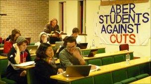 Students demonstrating in Aberystwyth