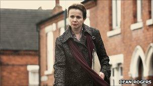 Emily Watson as Margaret Humphreys during filming in Sneinton, Nottingham