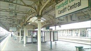 A deserted Cardiff Central rail platform