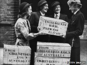 Australian Giirl Guides' gift of ingredients for Princess Elizabeth's wedding cake at Guid