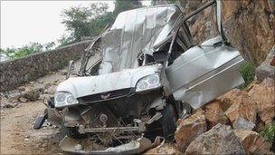 A crushed car caused by the Sichuan earthquake