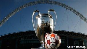 Champions League trophy and match ball for the final at Wembley stadium