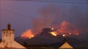 Gorse fire above Deiniolen, Gwynedd