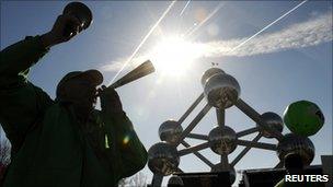 Protestor outside summit in Brussels