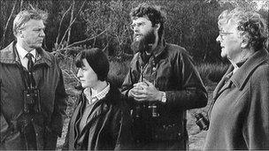 David Attenborough, Pam Knight (DWT), Kevin Cook (DWT) and the late Helen Brotherton OBE on Brownsea Island in 1985. Copyright of Dorset Wildlife Trust.