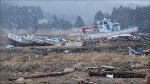 Snow flurries and cold temperatures hamper relief efforts in northeastern Japan. This photo was taken in Yamada Town, Iwate Prefecture.