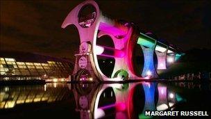 Falkirk Wheel lit up. Photo by Margaret Russell