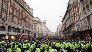 Police and protesters in Piccadilly