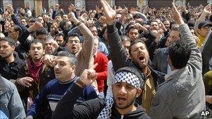 Anti-government demonstrators chant slogans in Damascus, Syria - 25 March 2011