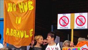 Protesters outside the exhibition in Abermule