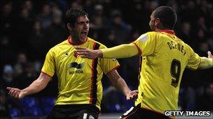 Danny Graham celebrates a goal for Watford during a match against Ipswich Town