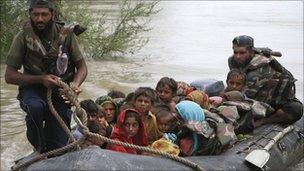 Villagers being evacuated during Pakistan's floods