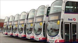 Row of First Group buses