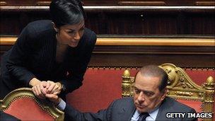 Equal Opportunities Minister Mara Carfagna with Silvio Berlusconi in parliament (Dec 2010)