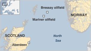 Map showing Bressay and Mariner oilfields in the North Sea