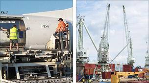 Freight plane and harbour cranes