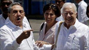 Cuban President Raul Castro and former US President Jimmy Carter