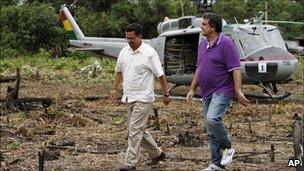 Brazilian Justice Minister Jose Eduardo Cardozo (right) and Bolivian interior minister Sacha Llorenti visiting a coca eradication operation in Bolivia.