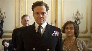 Colin Firth with Geoffrey Rush (l) and Helena Bonham Carter in The King's Speech