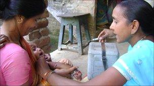 A baby being vaccinated in Bihar