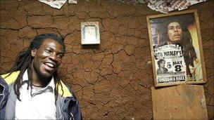 A Bob Marley poster hangs in a slum in Nairobi