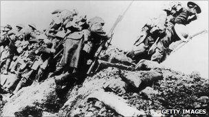 British troops climbing from their trench on the first day of the battle