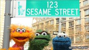 Sesame Street characters pose under a "123 Sesame Street" sign, November 2009 in New York City