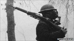 Soldier with gas mask in World War I