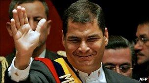 Rafael Correa waves after being sworn in as Ecuador's president on 15 January 2007