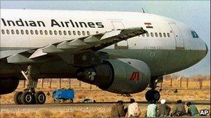 Indian Airlines plane parked at Kandahar airstrip in Afghanistan on 27 December 1999