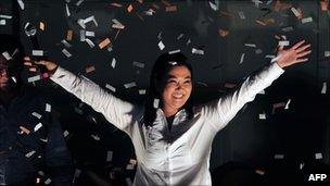 Keiko Fujimori celebrates at her party's headquarters on 10 April, 2011