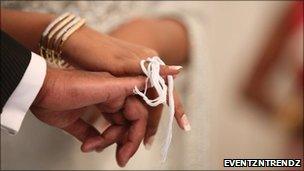 Couple's fingers tied together with string