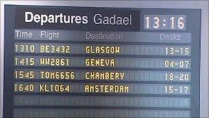 Departure board at Cardiff Airport