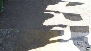 The shadow of flags waved by supporters of Libyan leader Col Muammar Gaddafi in Tripoli