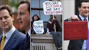 Nick Clegg and David Cameron after forming the coalition, students protesting against spending cuts and George Osborne ahead of his second Budget