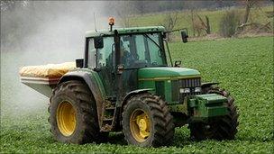 Tractor spreading chemical fertiliser (Image: BBC)