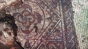 Roman mosaic uncovered in Southwell. Photo courtesy of University of Nottingham Archaeology Museum