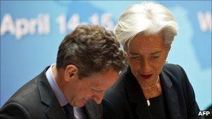 French Finance Minister and G20 chair Christine Lagarde speaks to US Treasury Secretary Tim Geithner